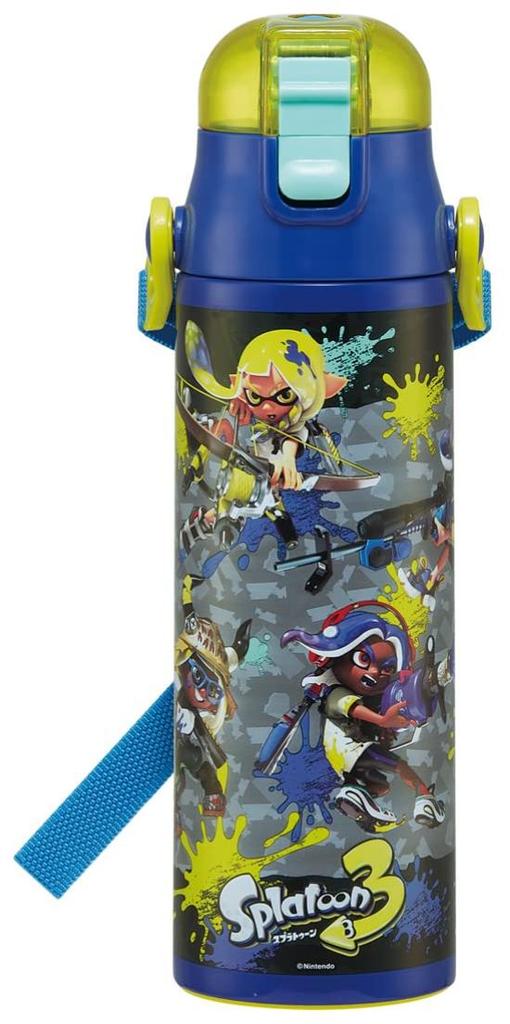 Skater Kids' Stainless Steel Water Bottle, 2-Way Design, 580ml (Direct Drinking) and 570ml (Cup Drinking), Splatoon 3 Design, Kid-Friendly and