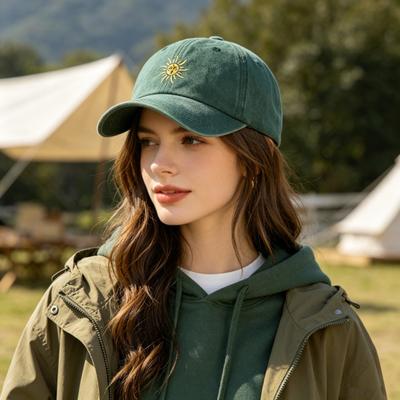 Embroidery Sun Pattern Baseball Hat, Adjustable Back Buckle Retro Distressed Style Baseball Cap, Washed Cotton Fabric Outdoor Sunshade Cap