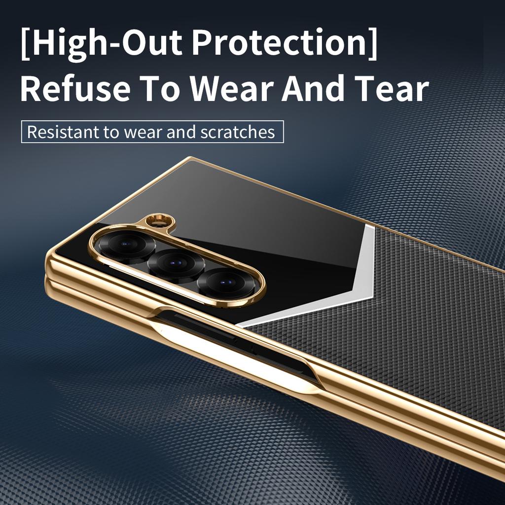 For Samsung Galaxy Z Fold 7 6 5 4 3 Electroplated PC Color Blocked Leather Tempered Film Shockproof Folding Phone Case