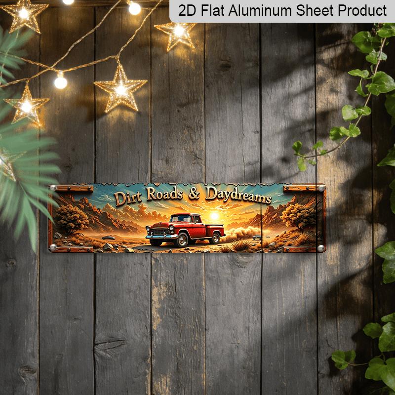 2D Flat Vintage Signboard with Red Classic Pickup Truck Theme Aluminum Decorative Sign | Suitable for Living Rooms, Garages, Themed Restaurants