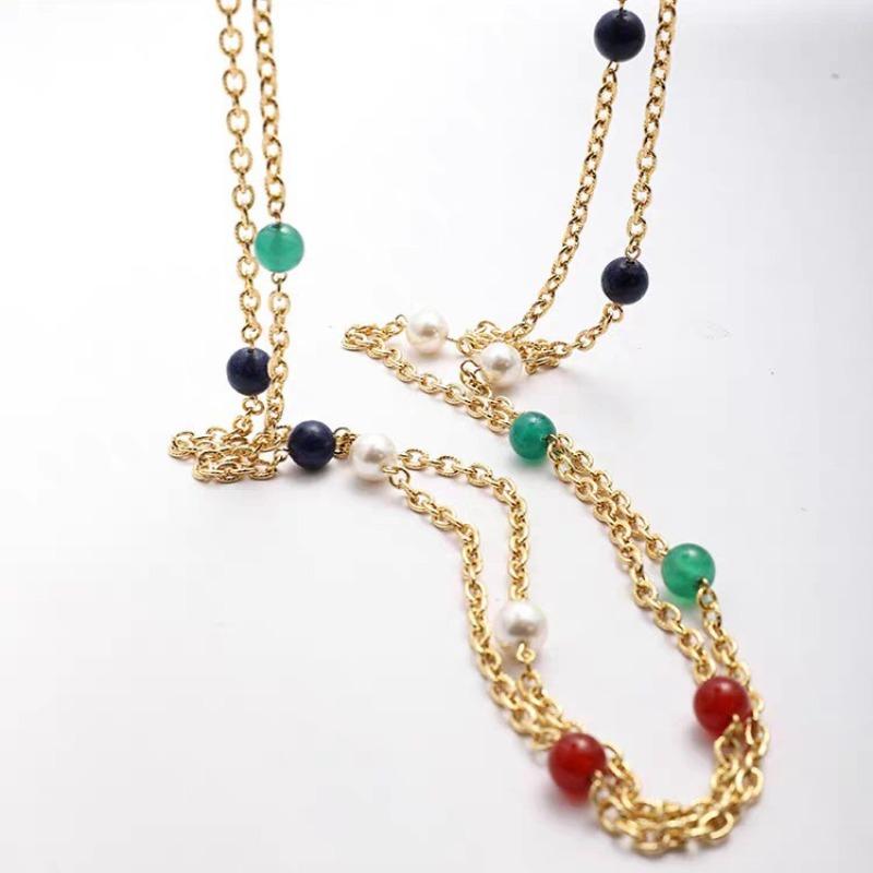 Mei Mary Used Red, Green, and Blue Colorful Bead Gemstone Long Necklace - Multi-layered Gemstone Vintage Waist Chain