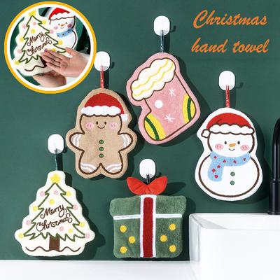 1pc Christmas Hand Towel, Hanging Household Hand Towel, Kitchen and Bathroom Quick Drying Coral Fleece Christmas Towel