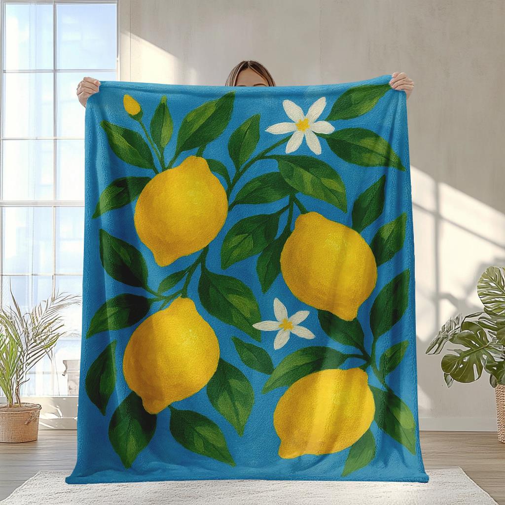 

Lemon and floral pattern Flannel printed blanket suitable for all seasons suitable for living room office sofa and travel 75x100cm