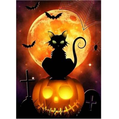 Vollständige 5D-Diamantmalerei zum Selbermachen, Kürbis und schwarze Katze, Stickerei, Kreuzstich, Heimdekoration, handgemachtes Geschenk