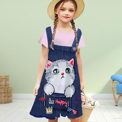 Mädchen 3D Fake Strap Katzendruck Kleider Kinder Mädchen Party Kurzarm Prinzessin Kleid 3D Druck Kleid