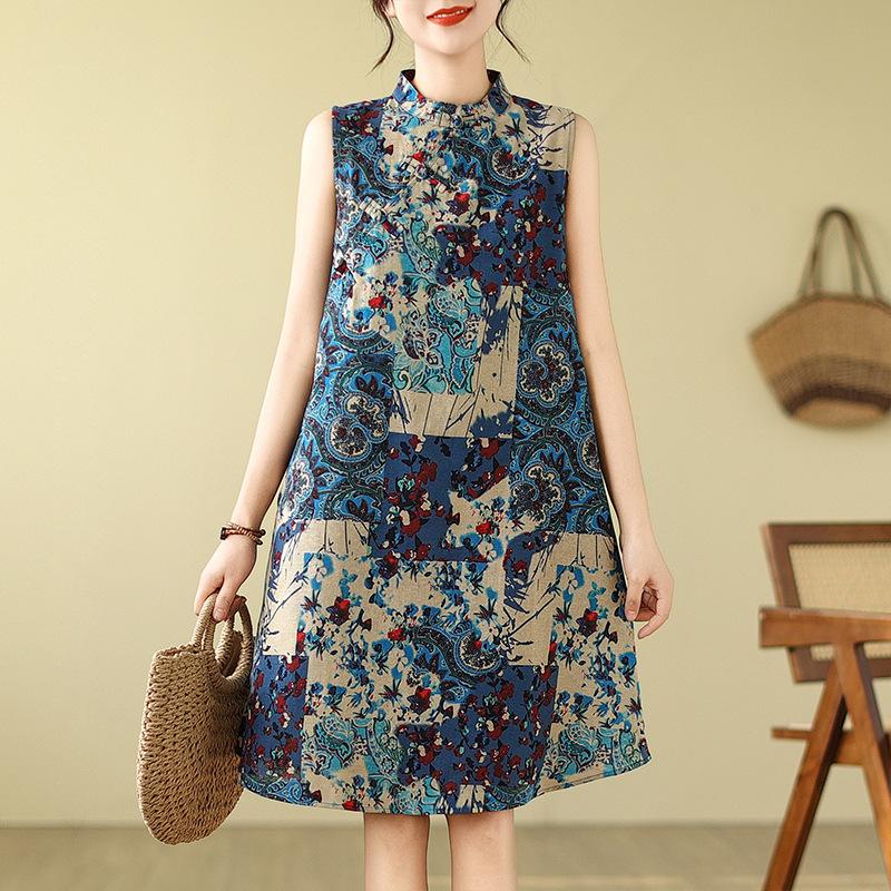 Retro Modified Disc Button Cheongsam Skirt Loose Slimming Sleeveless Printed Dress