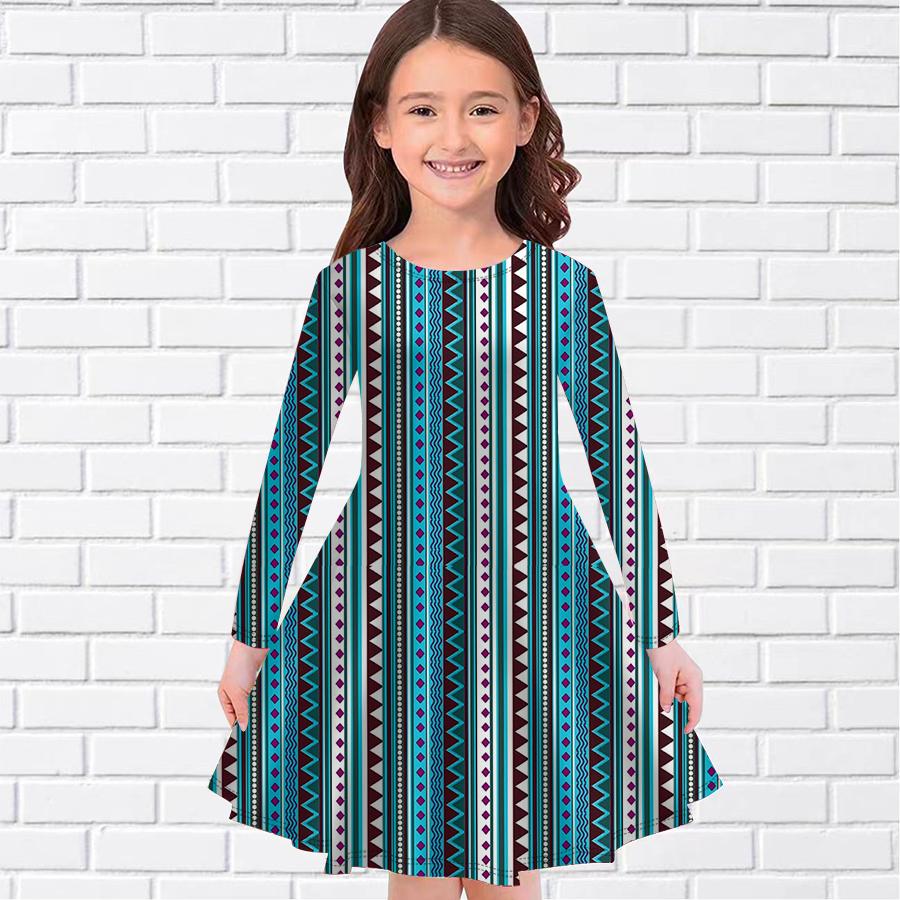 

Girl Casual Striped Retro Print Round Neck Long Sleeve Dress Kid Princess Dress