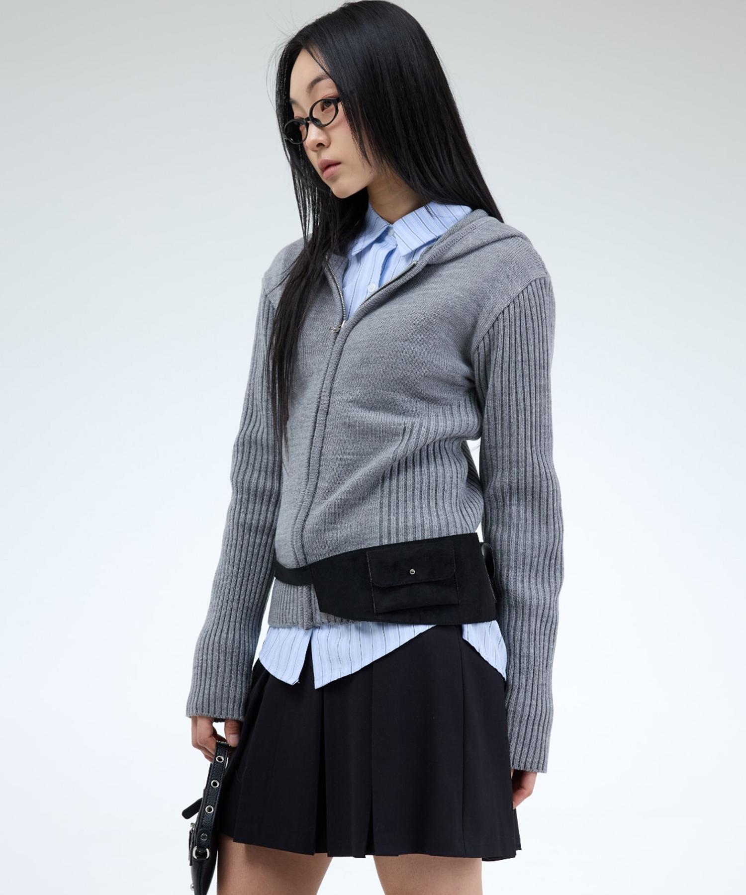 Fortena Mix Ribbed Knit Hoodie Zip-Up-3Color Beige