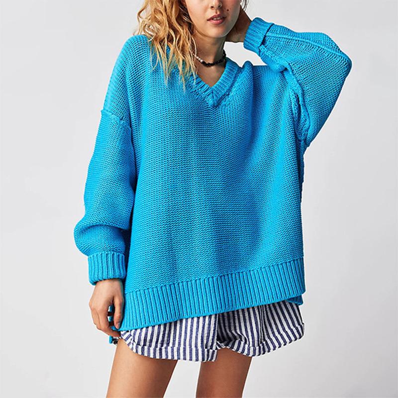 Oversized V-Neck Sweater - Western Style Pullover Knit