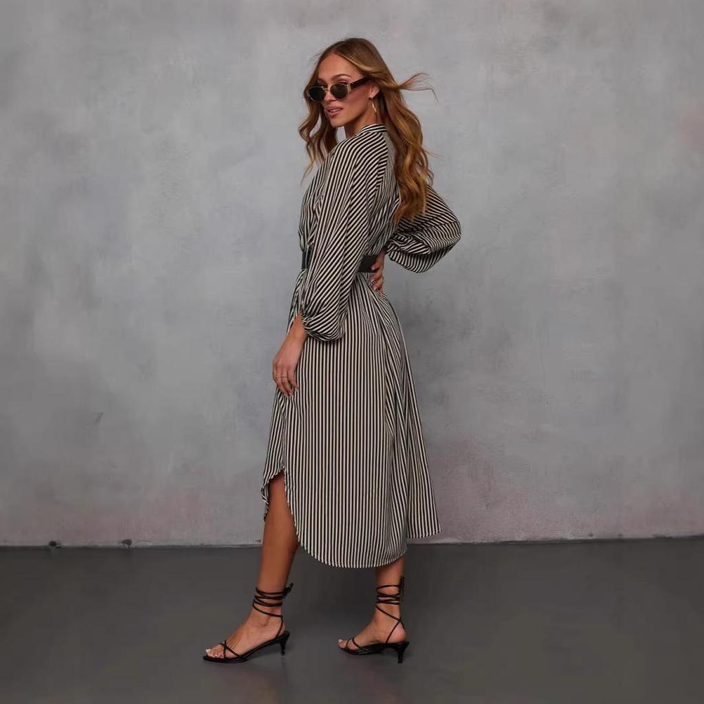European and American Women's V-Neck Striped Belt Shirt Dress - Autumn 2025 Fashion