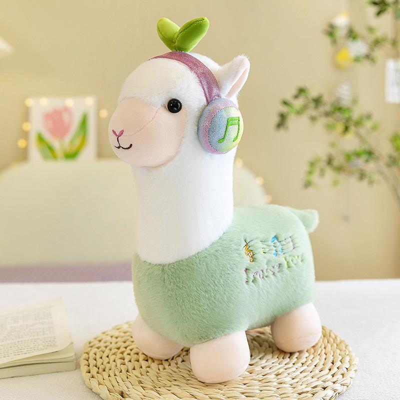 Headphones Alpaca Wear Plush Toy Soft Short Plush Stuffed Animal Home Decoration