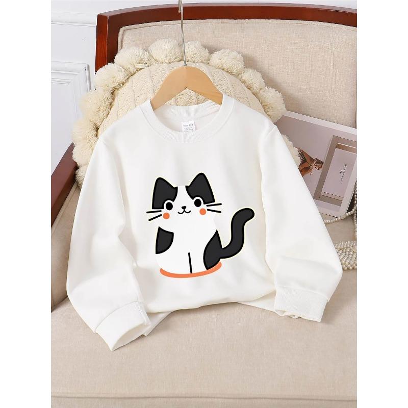Kids Sweatshirt - Cute Cat with Black And White Pattern Machine Washable, Spring And Autumn, Sportswear And Casual Wear, Soft And Comfortable