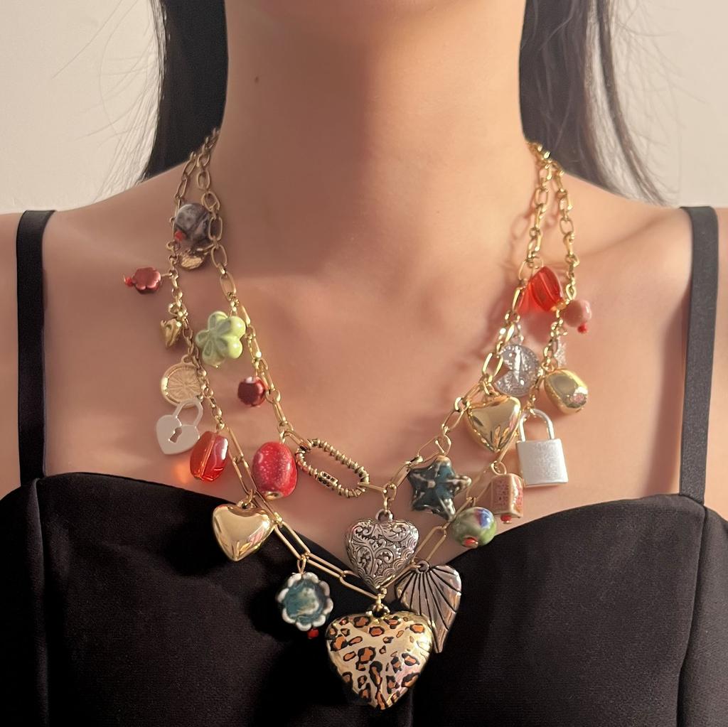 Cross-border Bohemian Trend Retro Vacation Style Double-layered Alloy Pendant Necklace, Versatile and Casual