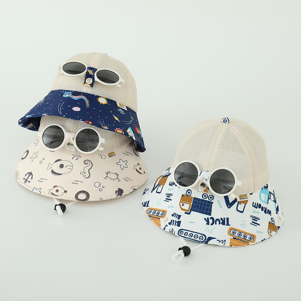 Boys Summer Sun Hat Mesh Breathable Wide Brim Fisherman Hat With Sunglasses For Baby Boy Cap Uv Protection 50-52cm 1-4 Years