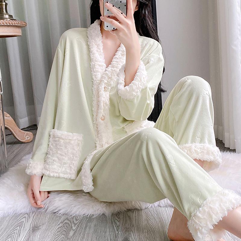 

Women’s Fleece Pajama Set Long Sleeve Top and Pants Thick Soft Autumn Winter Loungewear Minimalist Chic Homewear XL зелений