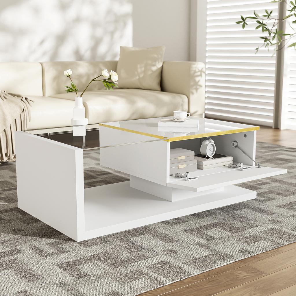 90 cm Langer Couchtisch, Hochglanz Weiß. Beistelltische, Couchtische mit Glas und LED-Effekt