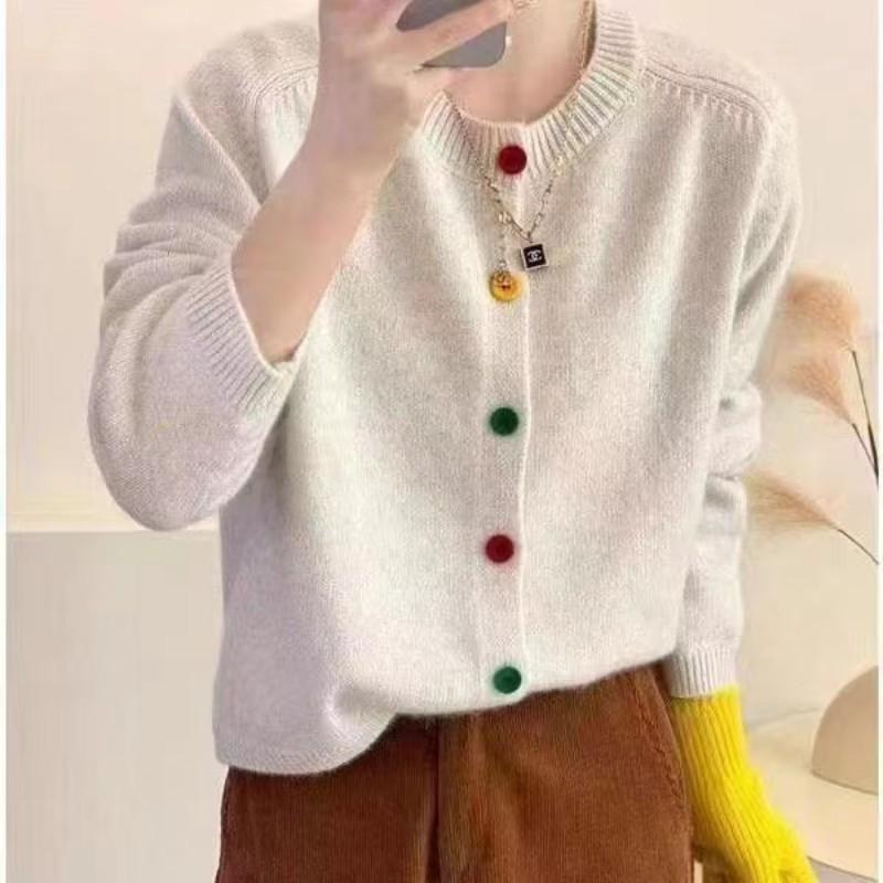 Color button design sense knitted cardigan spring new versatile solid color sweater top coat women