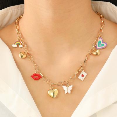 Multi Charm Chain Necklace with Rainbow Heart Butterfly and Lips Pendants for Women