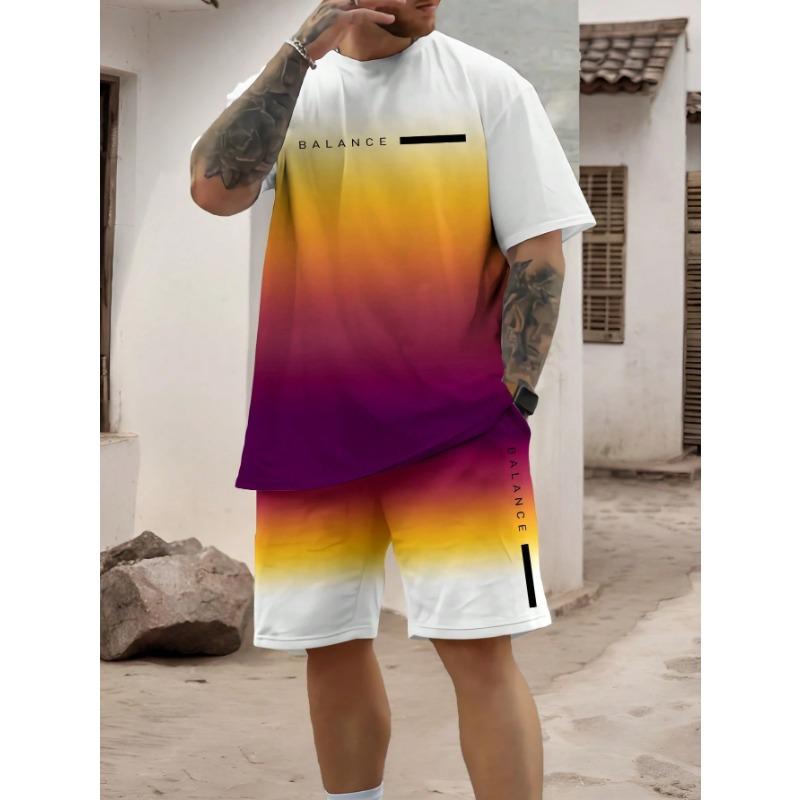 Trendy Gradient Color Short Sleeve T Shirt Shorts Set Plus Size Vacation Beach T-shirt Shorts 2-piece Set Loose Men s Clothing S