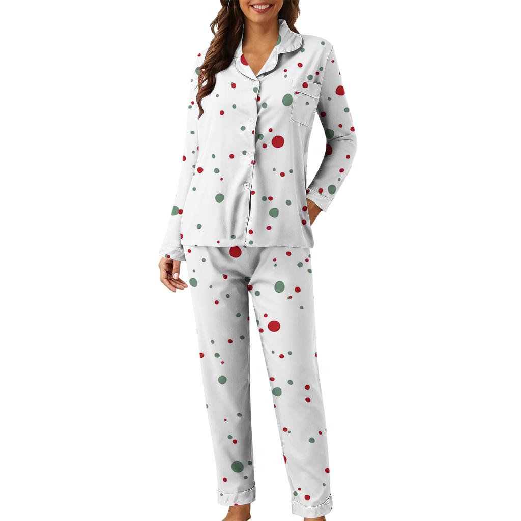 Damen Casual Mode Polka Dot Print Langarm Hosen Homewear Set