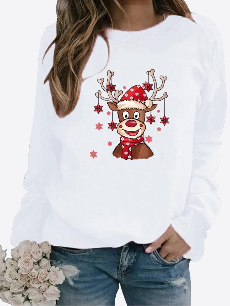 Vinter, uformelt langermet genser med julenisse-trykk, dame-t-skjorte med rund hals, løs t-skjorte i plussstørrelser Langermet genser