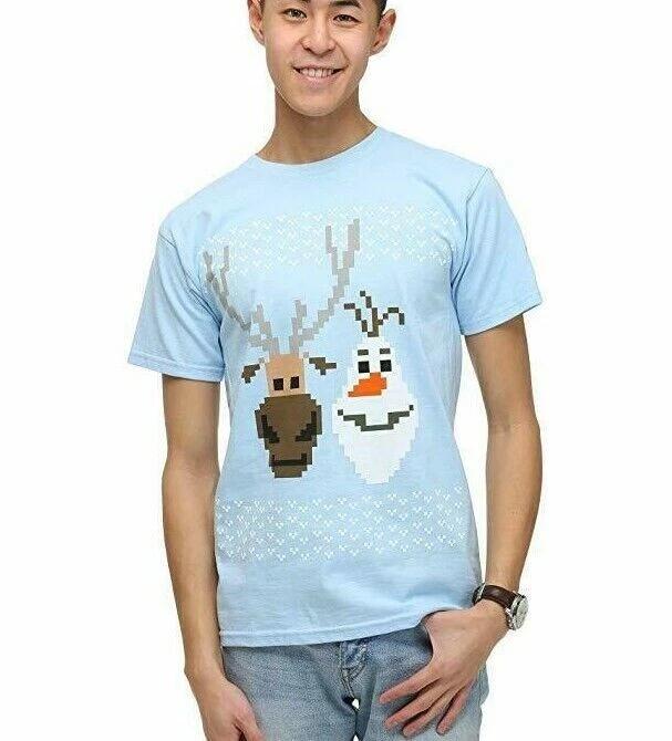 

Disney Mens Frozen Olag & Sven 8-Bit Graphic Blue Shirt New Small XL