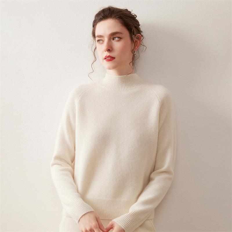 Women's Cashmere Knit Half-High Neck Raglan Sleeve Sweater – Autumn/Winter Base Layer Top