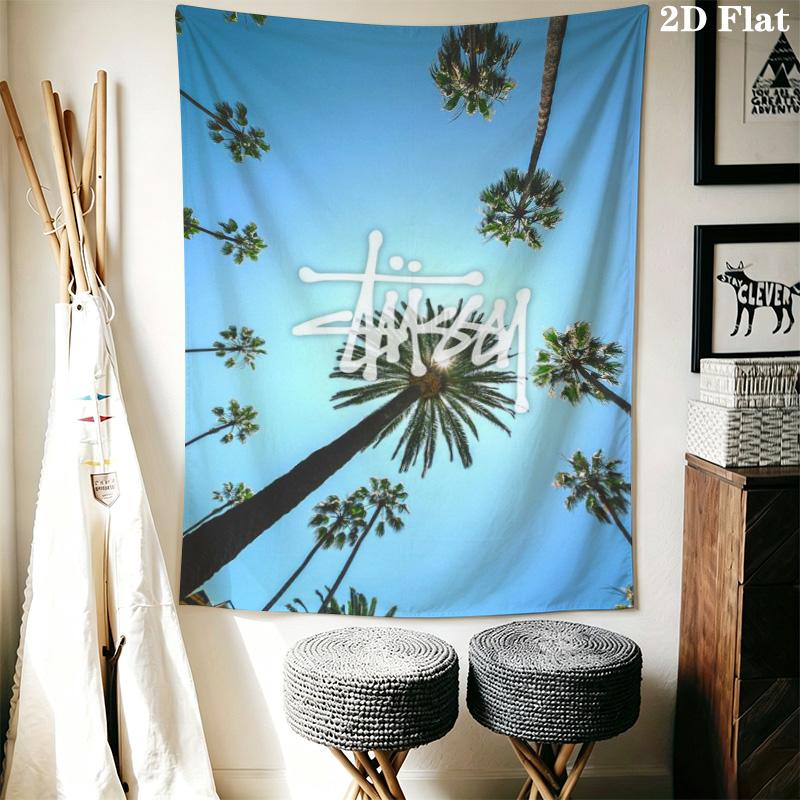 Blue Sky Palm Tree Tapestry, Low Angle Tropical Palm Scenery Street Signature Logo Wall Hanging