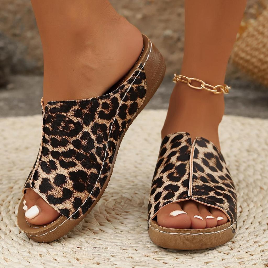 Women's Wedge Open Toe Sandals Summer Fashion Leopard Print Breathable Comfortable Sandals