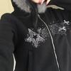 2KWEIRD Gothic Vintage Rhinestones Graphic Hoodie Solid Fur Patchwork Hooded Jackets Women's Double Zipper Coats