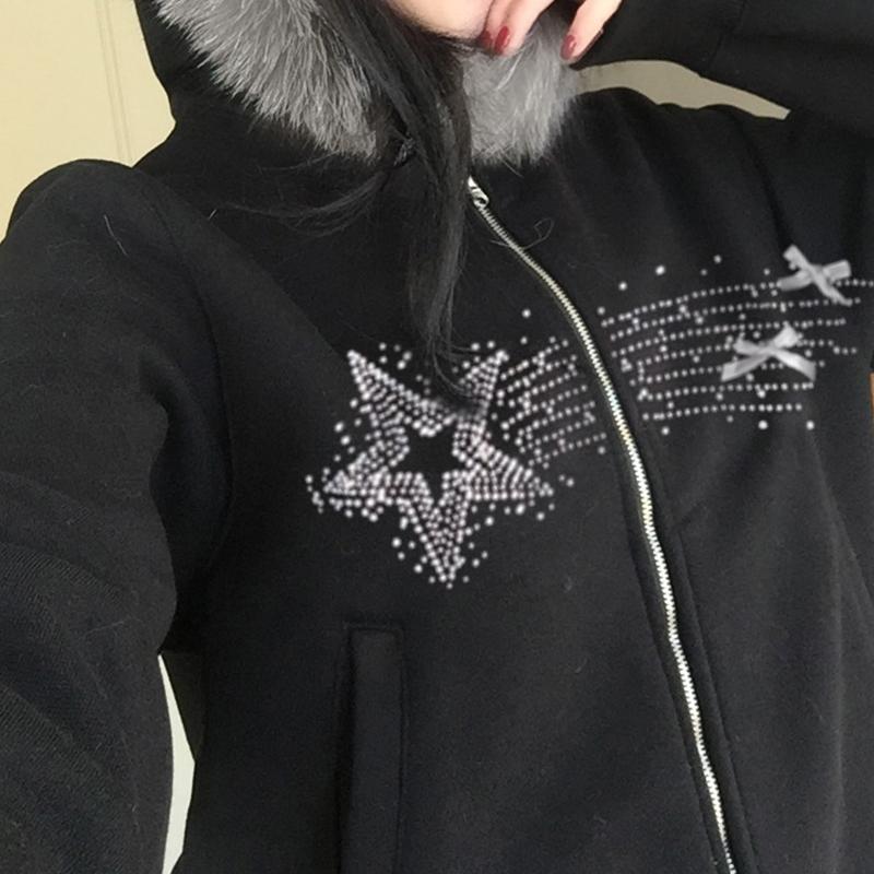 2KWEIRD Gothic Vintage Rhinestones Graphic Hoodie Solid Fur Patchwork Hooded Jackets Women's Double Zipper Coats
