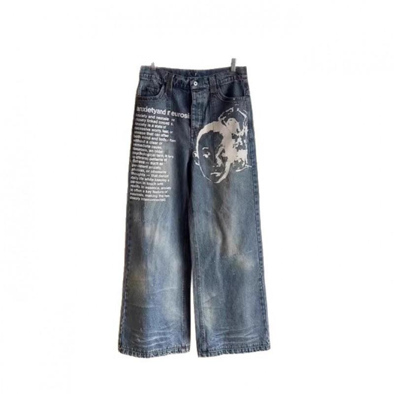 Y2K Retro Streetwear Wide-Leg Denim Pants With Washed Letter Print Unisex Loose Fit Jeans