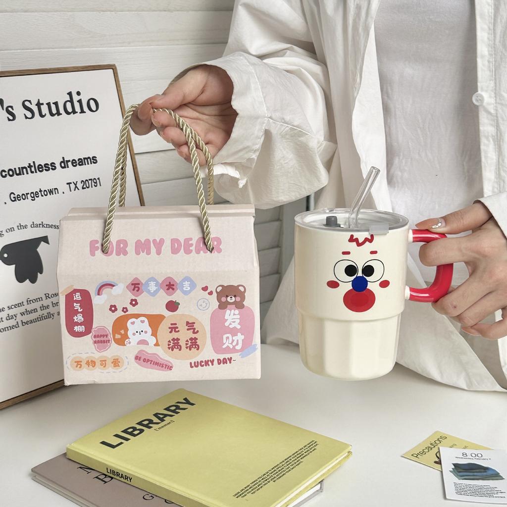 Clown Straw Cup with Lid Mug High looking Creative Ceramic Water Cup Couple Coffee Cup Activity Souvenir Gift