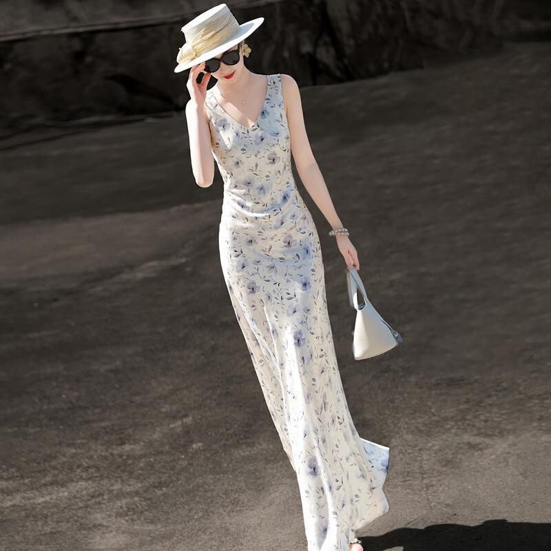 

Women s French Floral V-neck Sleeveless Maxi Dress M