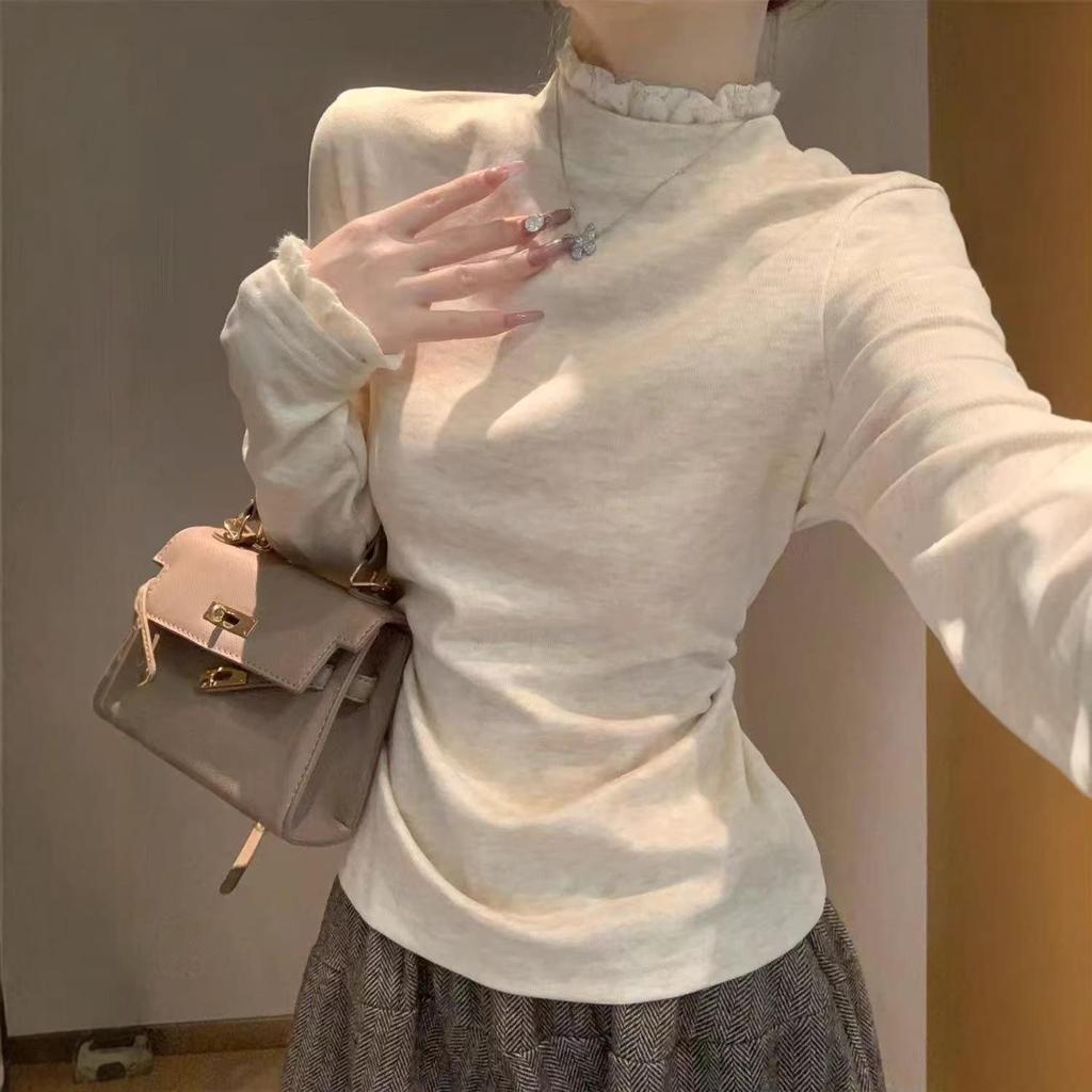 Women's Lace Trim High Neck Long Sleeve T-shirt - 2025 Autumn/Winter Collection Trendy Base Top