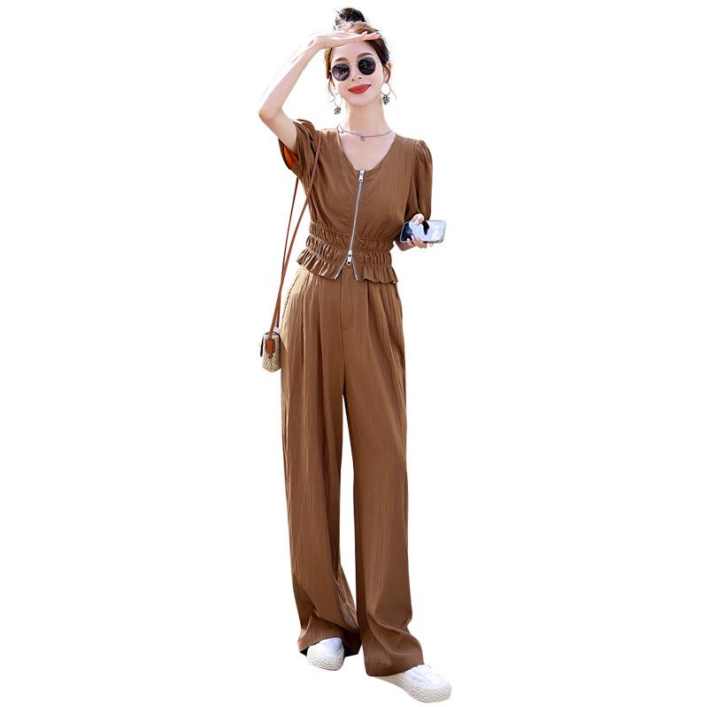 Summer 2024 Women's Two-Piece Suit: Chic Casual Tops & Wide-Leg Pants