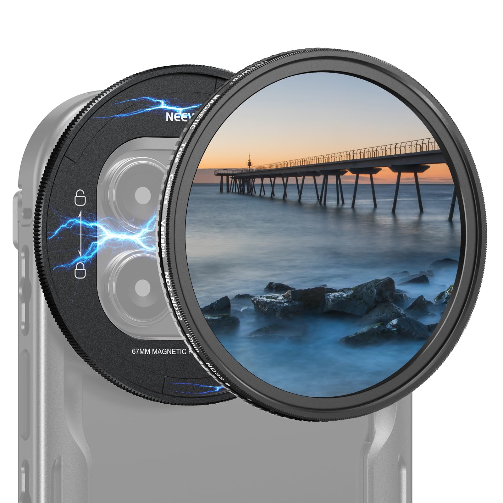 

NEEWER 67mm Magnetic Variable ND Filter HD Optical with Magnetic Filter Backplate Neutral Density Smartphone Filter Lens Compatible with iPhone 16 Pro