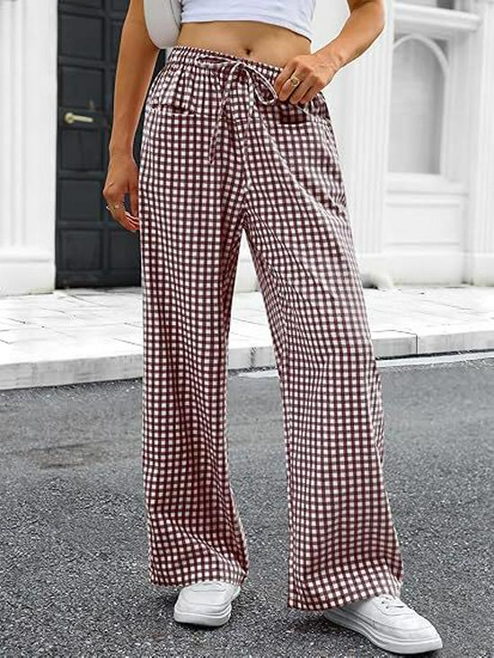 2026 Women's European & American Plaid Trousers - Spring/Summer Casual, Loose Fit, Elastic Waist, Wide Leg with Pockets