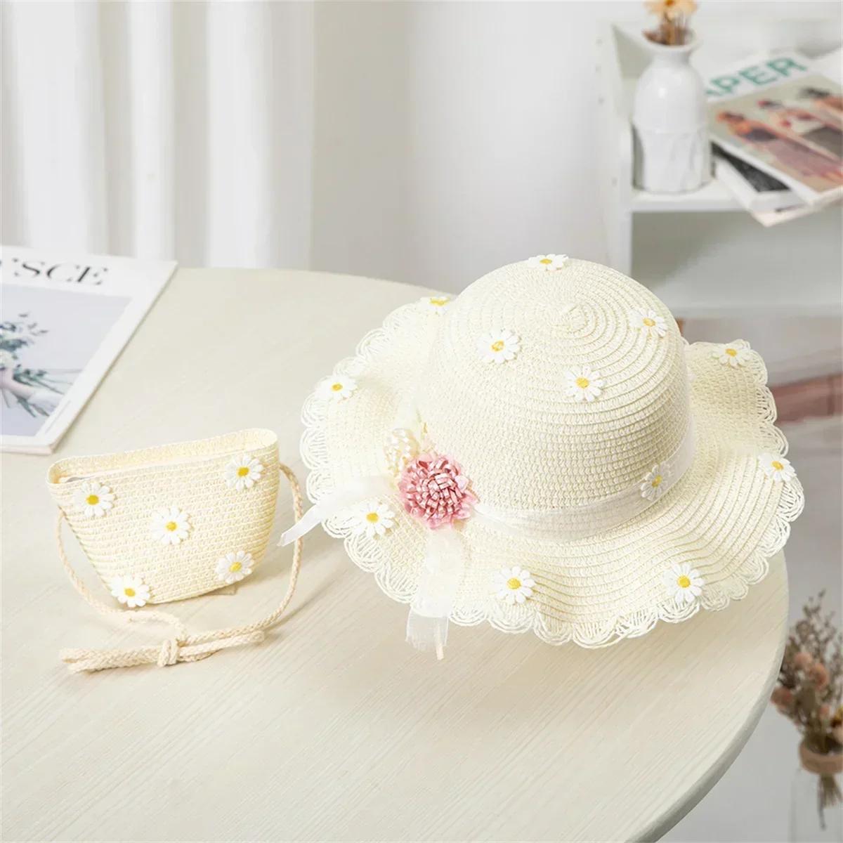 

New Summertime Cute Children Straw Hat and Shoulder Bag Girls SummerOutdoor Beach Cap Cute Bow Travel Beach Sun HatCrossbody Bag 3-8Y белый