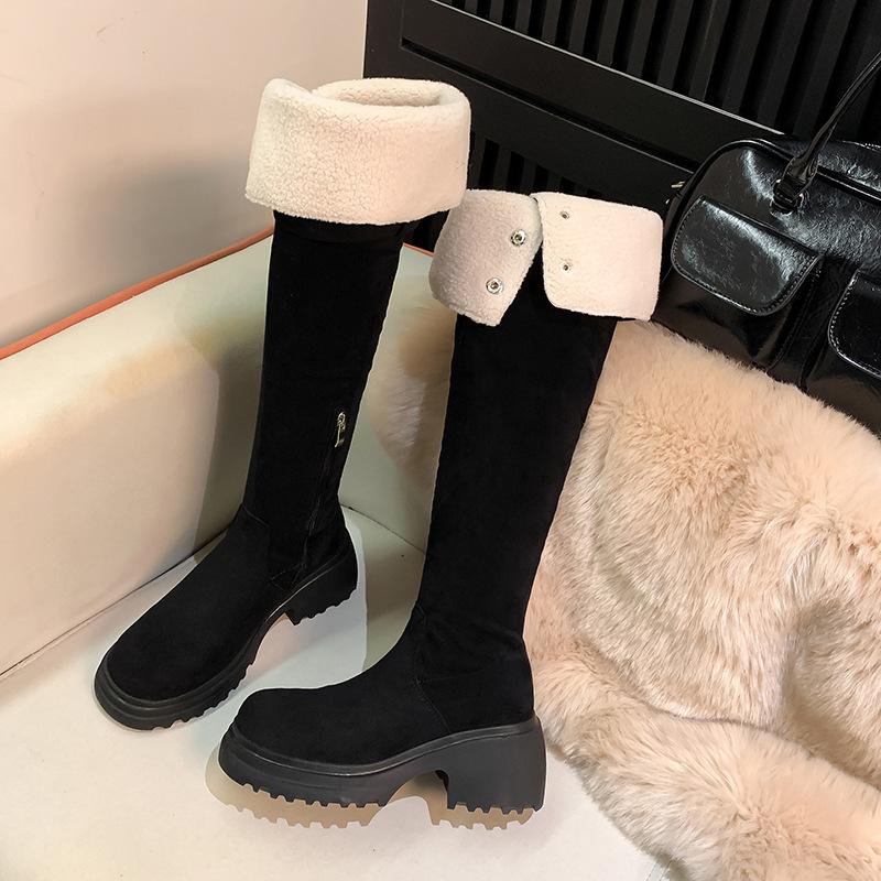 New spot grape mother of the same 2025 winter lamb wool thick heel medium and high boots over the knee boots women's autumn