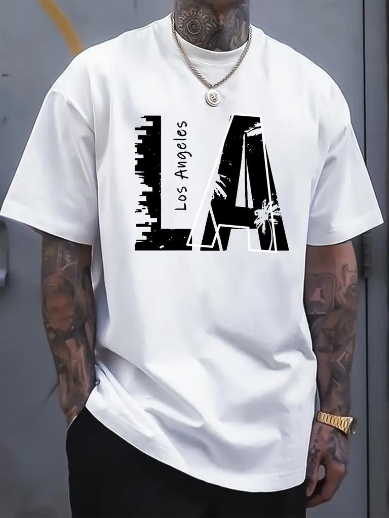 Summer 100 Cotton Fashionable Casual Mens Tshirt Trendy Street Style Los Angeles Letter Print Mens Short Sleeve Clothing