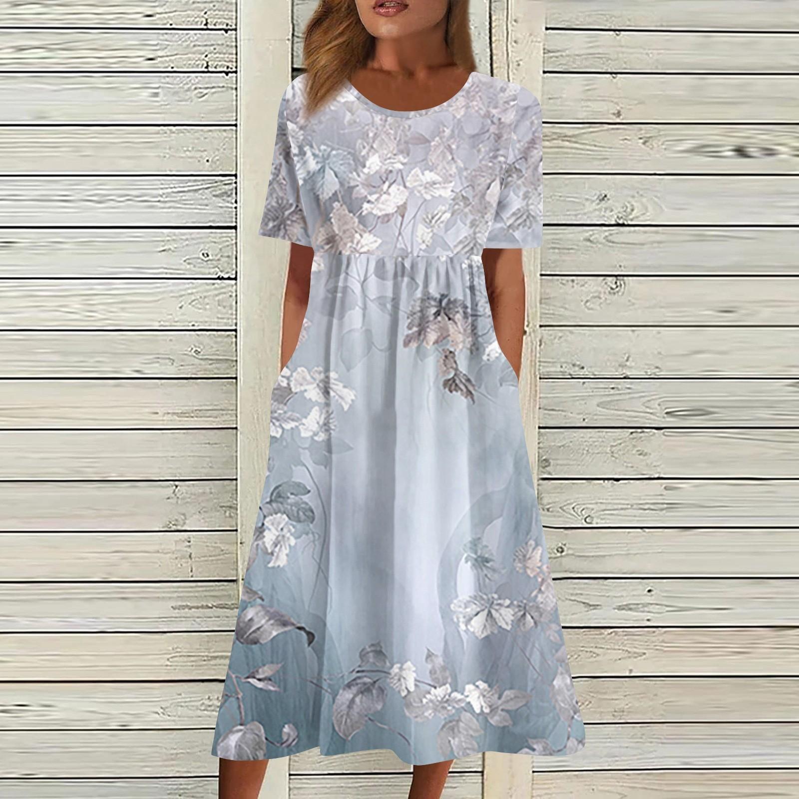 

Женское струящееся платье миди в стиле бохо с цветочным принтом, повседневное свободное летнее платье с коротким рукавом для пляжного отдыха и карманами M