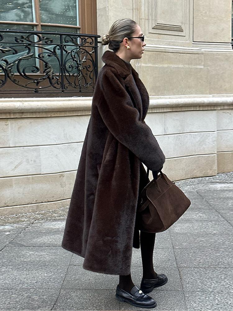 Damski płaszcz zimowy z długim rękawem ze sztucznej wełny, wiązany w pasie pod kołnierzem