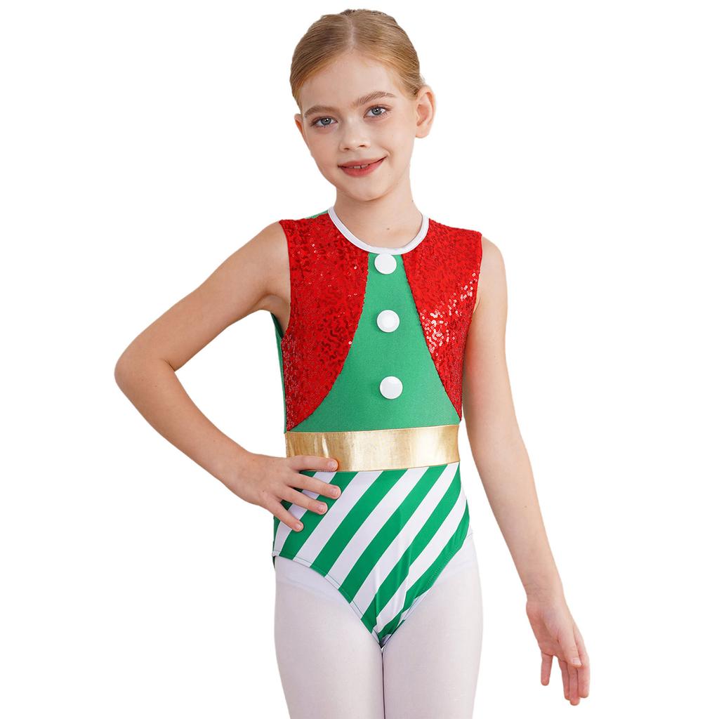 Kinder Mädchen Weihnachtskostüm Cosplay Tanz-Turnanzug Ärmelloser Jumpsuit Pailletten Streifen Gymnastik-Einteiler Body Weihnachtsmann Verkleidung