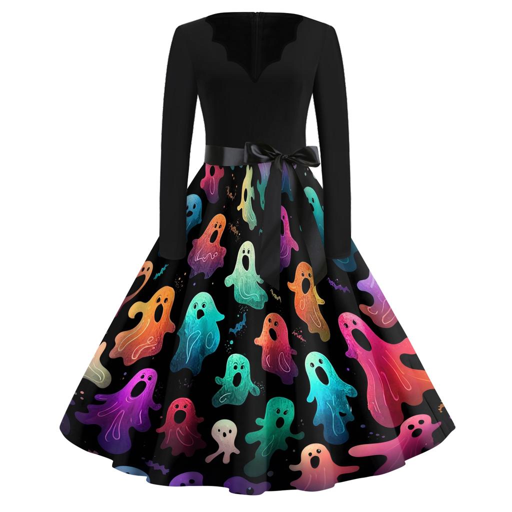 Women Long Sleeve V Neck Dress Vintage Halloween Print Midi Dress with Waist Tie Retro Casual Fit and Flare Dress for Daily Wear