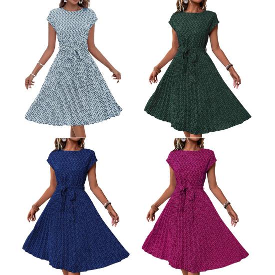 Women's Floral Printed Midi Dress Casual Crew Neck Short Sleeve Swing Dress with Belt Summer Beach Pleated Sundress