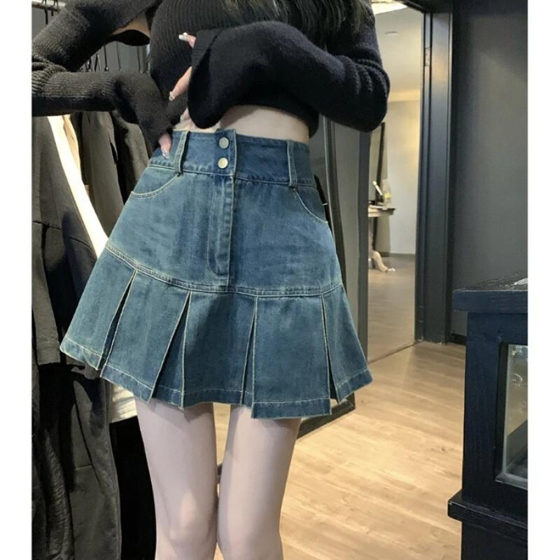 High Waist Denim Pleated Skirt Women A-Line Bodycon Mini Casual Chic Streetwear Small