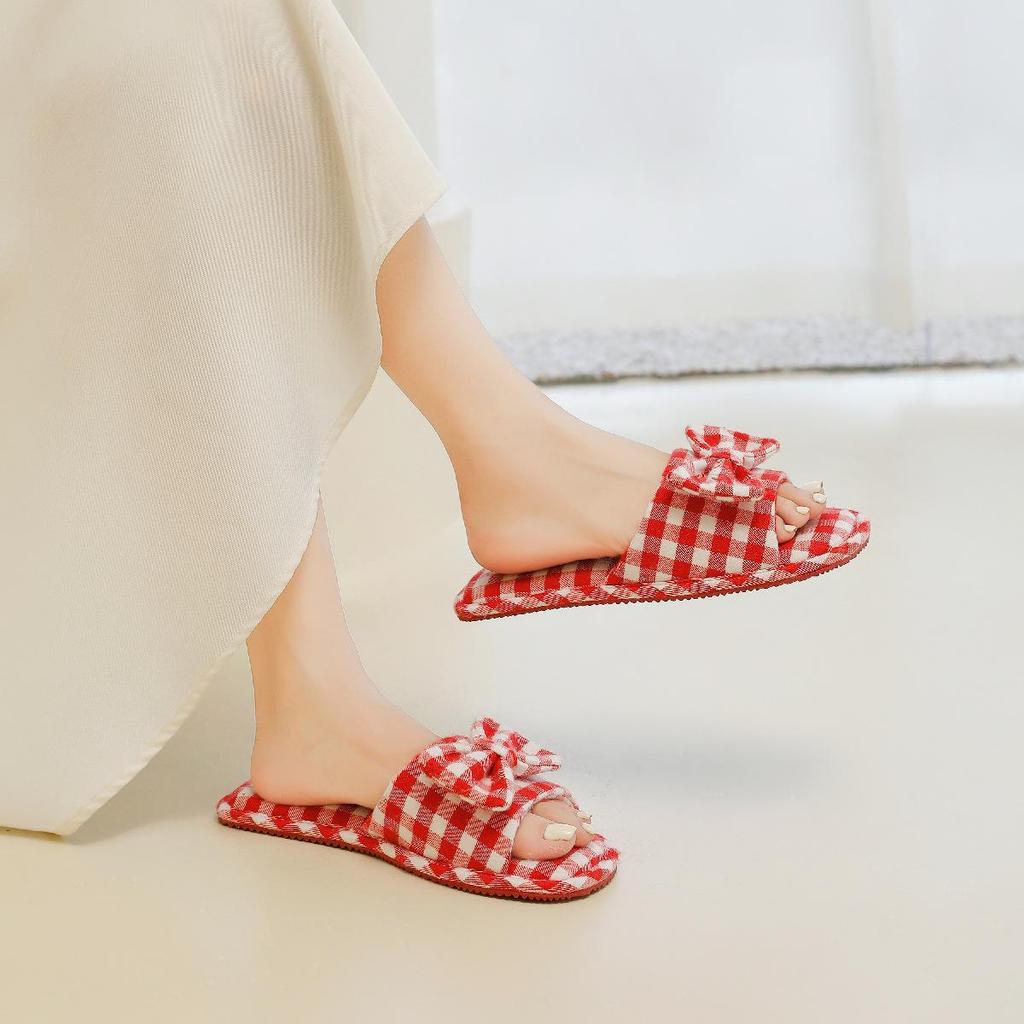 Four Seasons Plaid Bow TPR Sole Non-Slip Durable Women's Indoor Slippers