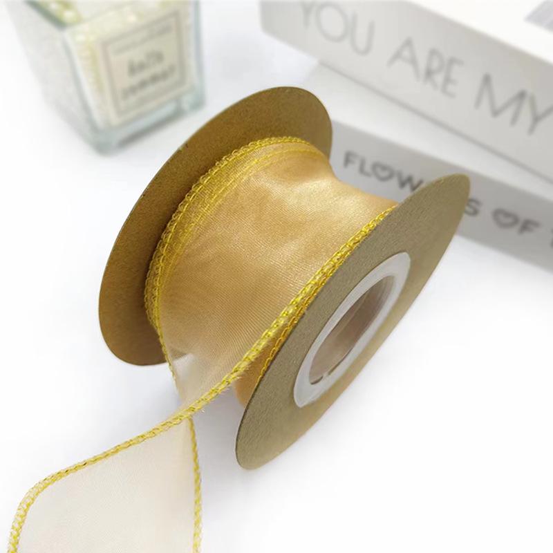 10yards Organza Ribbon Golden Wave Wired Ribbon Gift Bouquet Packaging,Handicrafts,Christmas Birthday Wedding Party Decoration