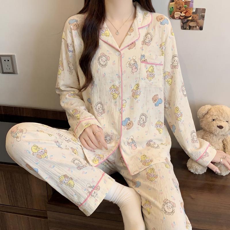 Color polka dot pajamas women's long-sleeved trousers spring and autumn cloud cotton suit casual cardigan simple loungewear